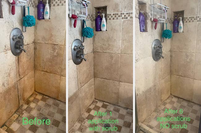  grimy tile first, past    cleaner aft  1  scrub, and sparkling aft  six applications