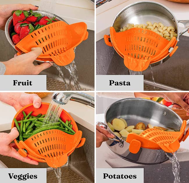 Orange clip on colander in four quadrants shown straining fruit, pasta, veggies and potatoes