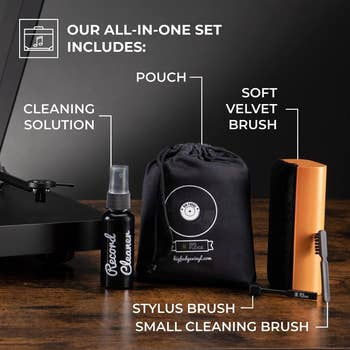 contents of the kit, including a cleaning solution, pouch, and brush 