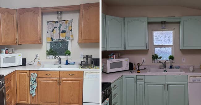 reviewer's kitchen before and after using the mint colored cabinet paint kit