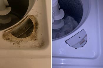 The corner of a reviewer's washing machine with a lot of gunk and mold / the same machine now clean