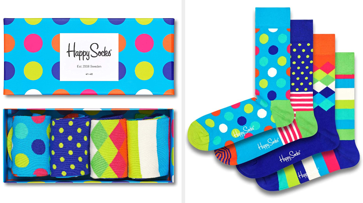 Two images of the four colorful socks