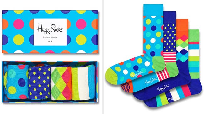 Two images of the four colorful socks 