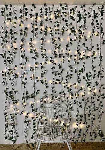 Reviewer image of vine on white wall with string lights zig-zagging and white chair