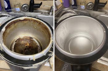 reviewer's crock pot before with grease caked on and after all clean