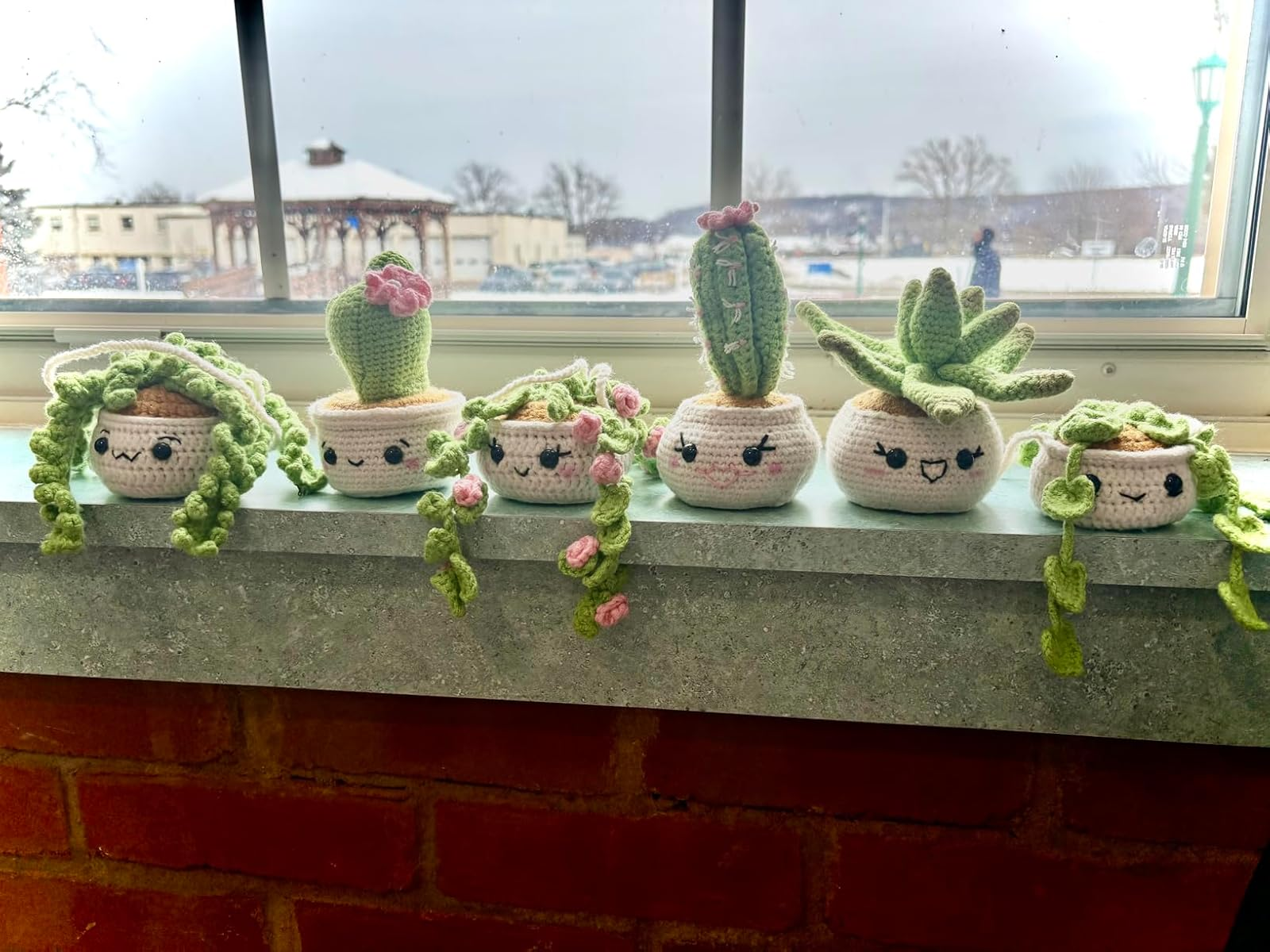 Crocheted plant pots with smiley faces, featuring various plant types, lined up on a windowsill with an outdoor view in the background