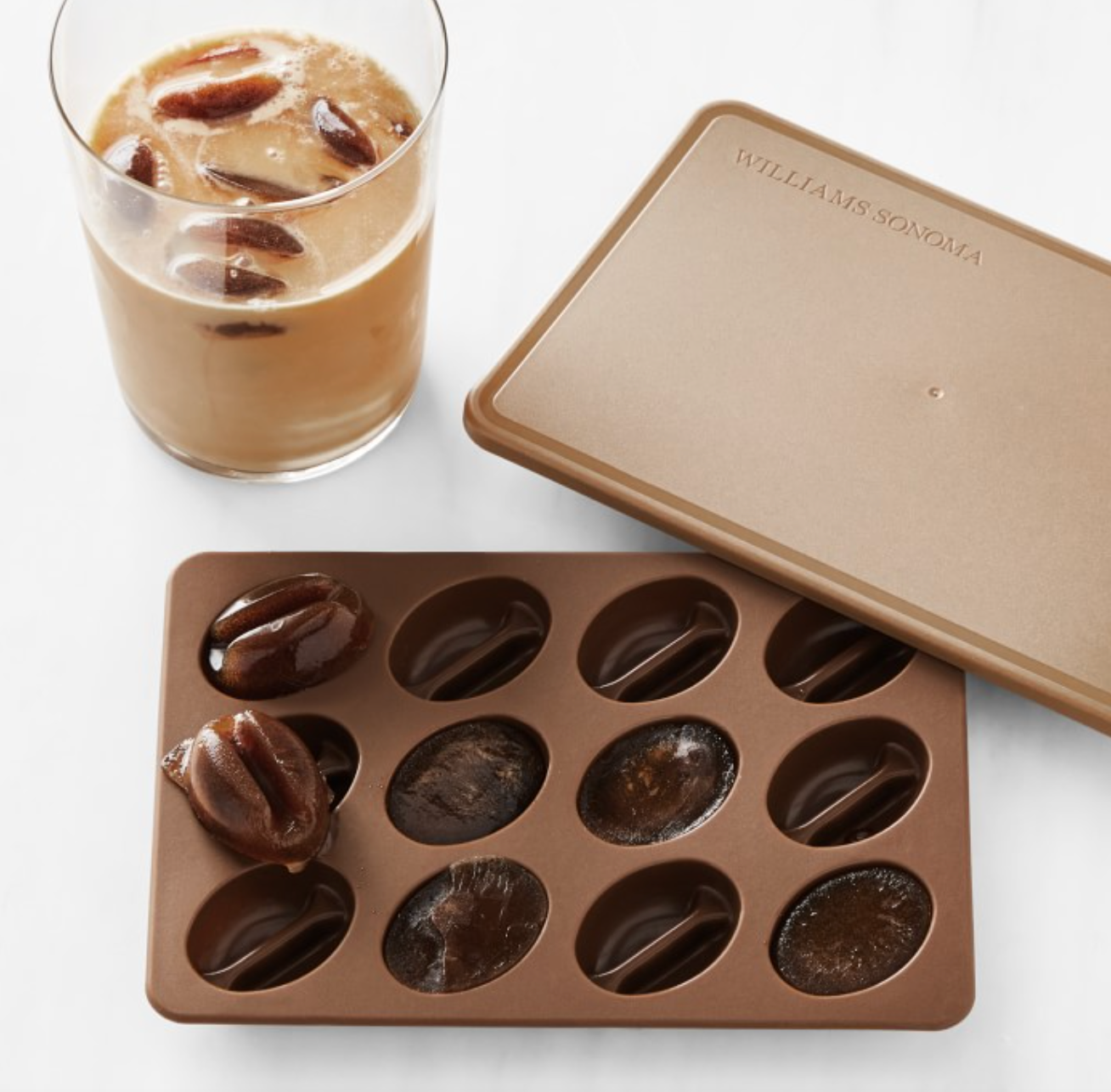 ice cube tray filled with coffee bean ice cubes