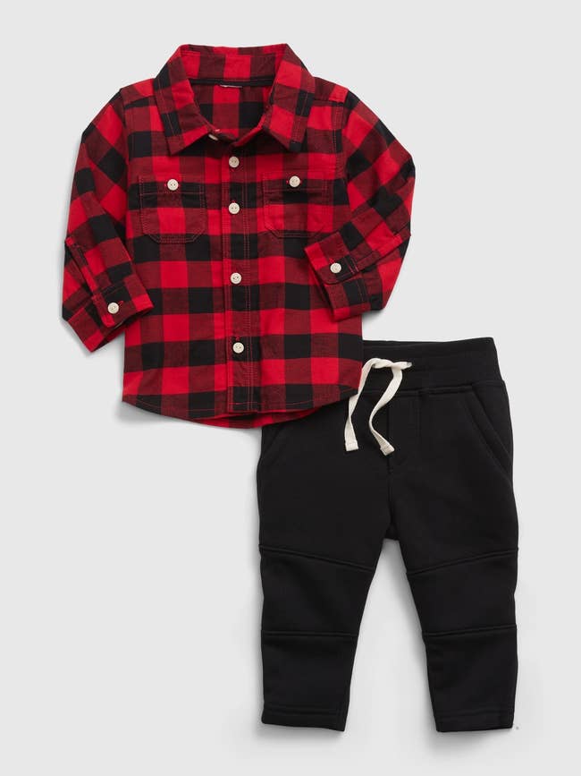 the two piece set with a black and red flannel shirt and matching black jogger pants
