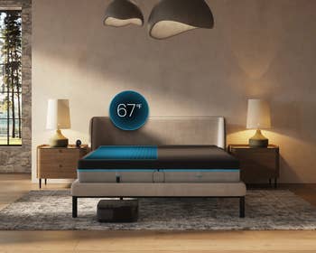 High-tech chamber with a astute mattress displaying 67°F. Room includes a bed, broadside tables, lamps, and a somesthesia power device