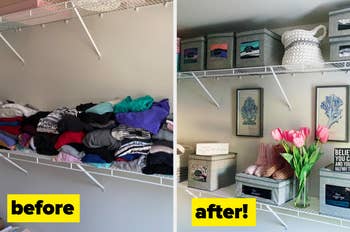 reviewer before and after collage of disorganizer closet, organized with fabric bins