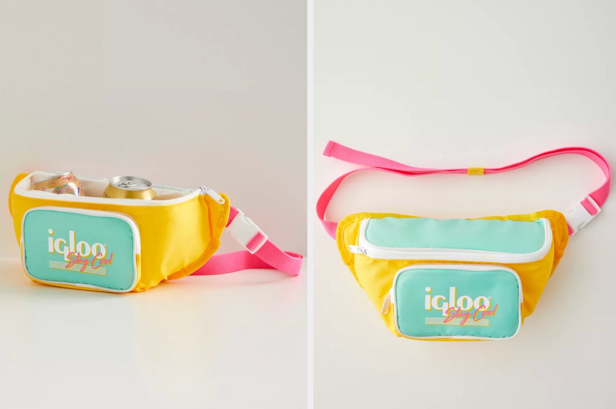 Yellow and pink fanny pack with main compartment open and two beverage cans poking out, product with strap above on a white background