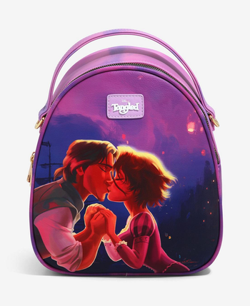 front of purple backpack with illustration of flynn and rapunzel after her hair is cut kissing