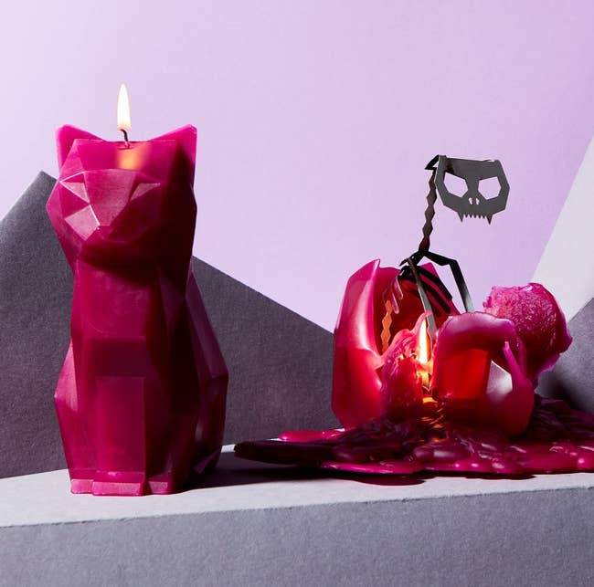 a magenta candle shaped like a cat and the same candle melted with a steel skeleton partially reveal 