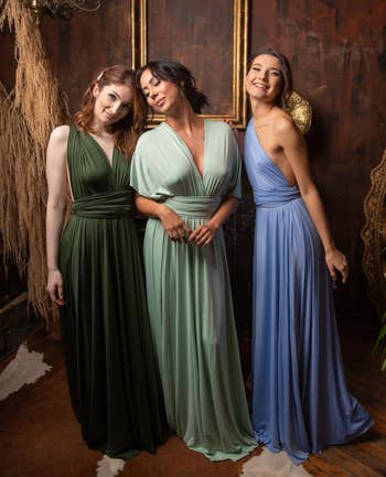 three models wearing the dress in green, mint, and light blue