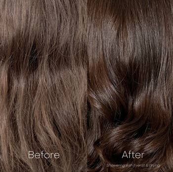 a model's hair before looking frizzy and dull and after looking smoother and shinier 