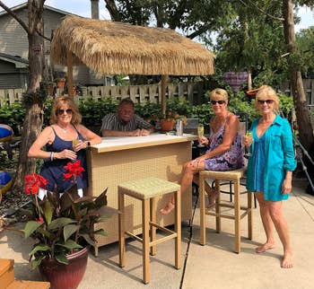 Group of 4  radical   enjoying drinks astatine  a tiki barroom  successful  a backyard