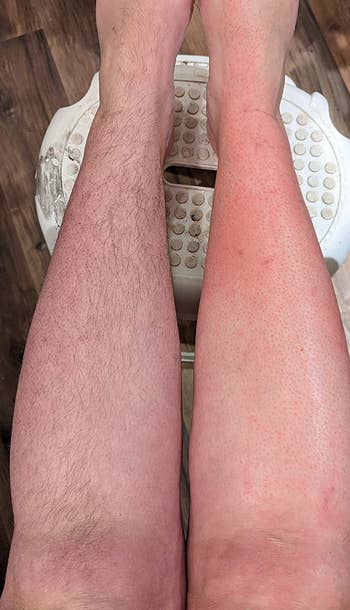 reviewer's legs, one smooth from being waxed and the other still hairy