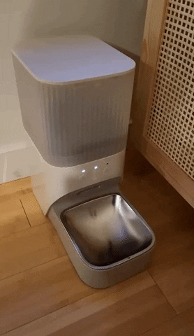 a gif of pet food coming out of a reviewer's feeder