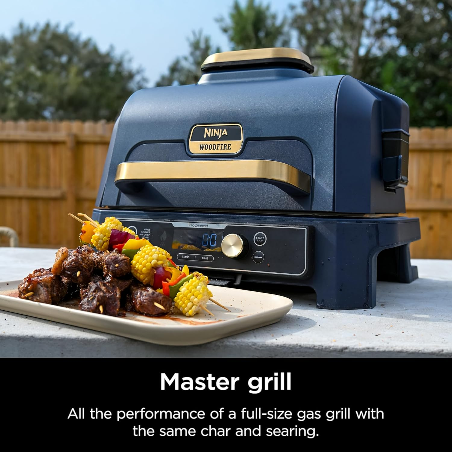 Ninja Woodfire grill on a patio with skewered meats and vegetables in front. Text highlights full-size gas grill performance