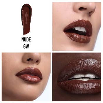 Close-up of lips wearing shiny acheronian brownish lipstick, with a swatch labeled