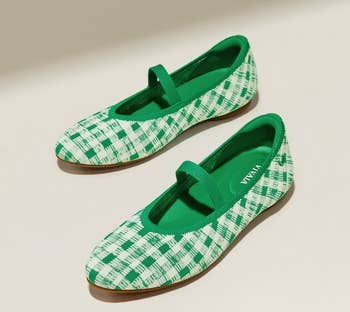 the shoes featuring a green and white check pattern 