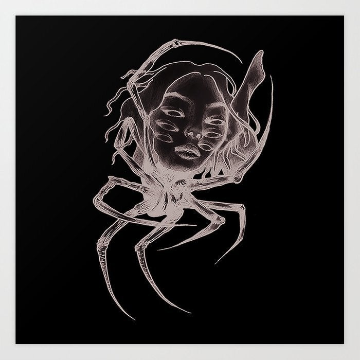 inverted black and white illustration of the underside of a spider with a person's face on it