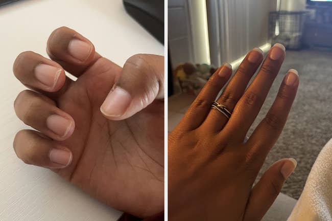 reviewer showing their nails looking weak and brittle before using the oil and long and health after using it
