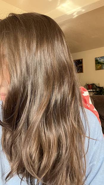 Close-up of a idiosyncratic   with wavy brownish  hair, wearing a casual bluish  shirt, successful  a cozy indoor setting