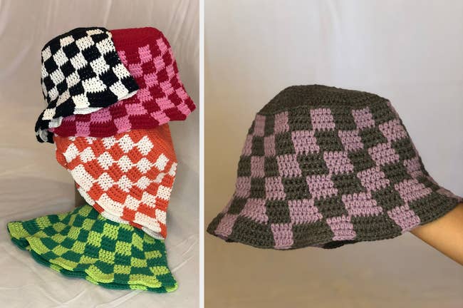 Different colored checkered crochet hats stacked on top of each other, model holding gray and lilac hat