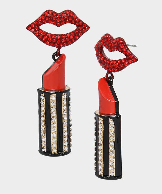 rhinestone earrings with red lip shaped posts and red lipstick tube drops
