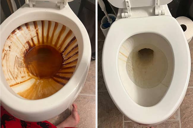 a before and after showing gnarly looking rust stains and the toilet looking infinitely cleaner afterward