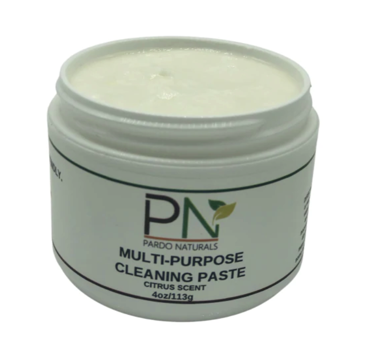 White jar with white paste inside on a white background