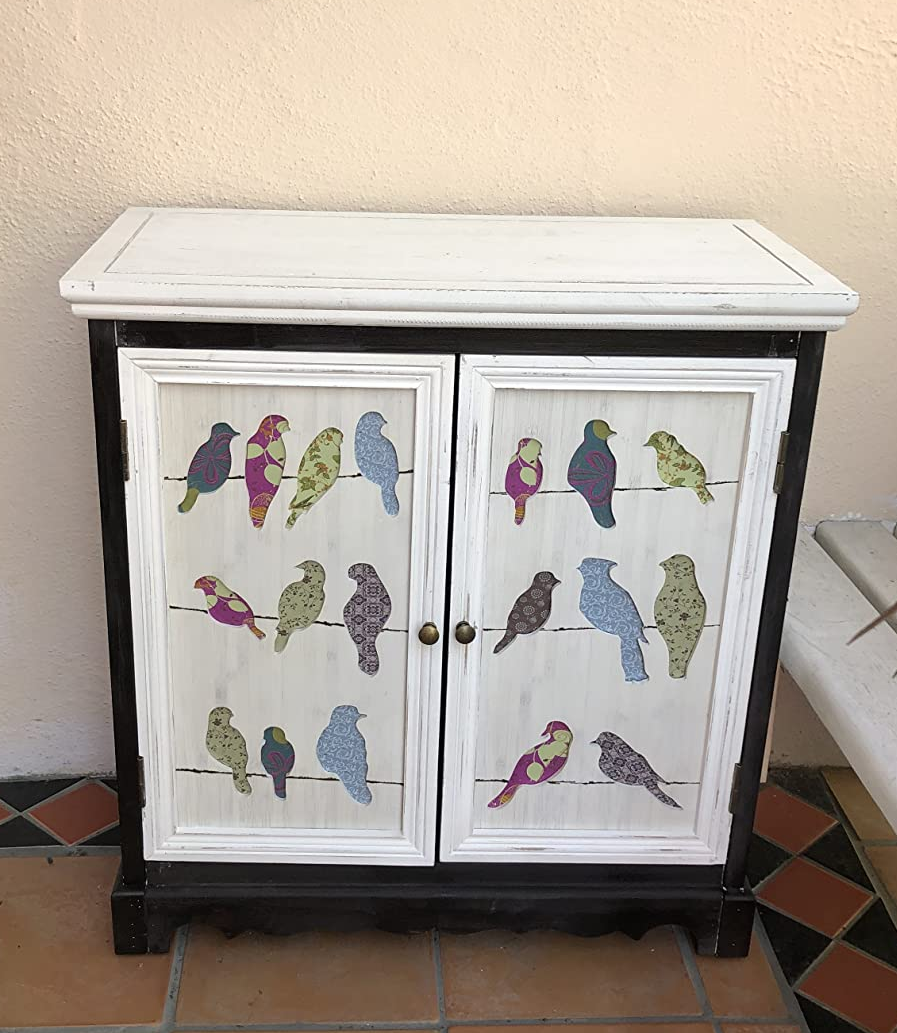 Reviewer image of black and white accent cabinet with birds decorated on it in front of a white wall