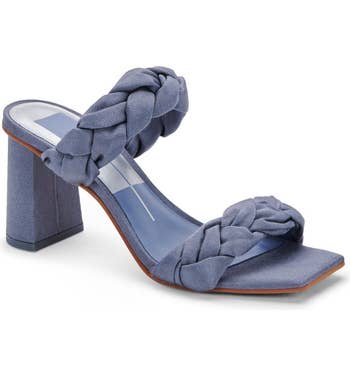 blue two strap heeled mules with square toe