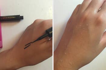reviewer collage of reviewer removing black eyeliner on hand with cleansing oil