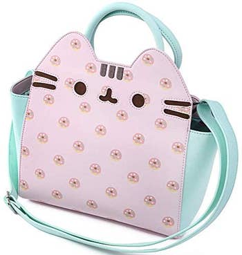 mint and pink bag with donut print pusheen face