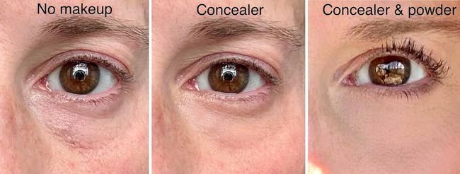 Close-up of a person's eye in three stages: no makeup, with concealer, and with concealer & powder, showing the effects of makeup application