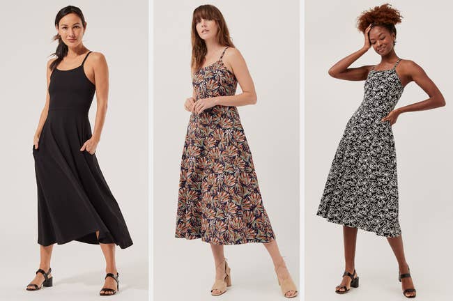 Three images of models wearing black and multicolored midid dresses