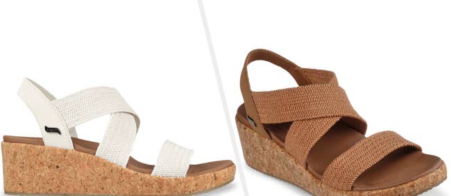 Two pairs of wedge sandals in white and brown