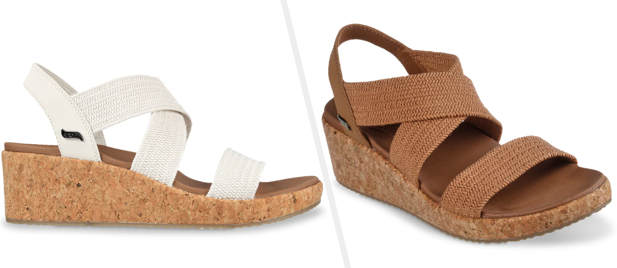 Two pairs of wedge sandals in white and brown