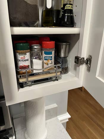 Kitchen cabinet with spices, including cayenne and garlic powder, next to a paper towel roll