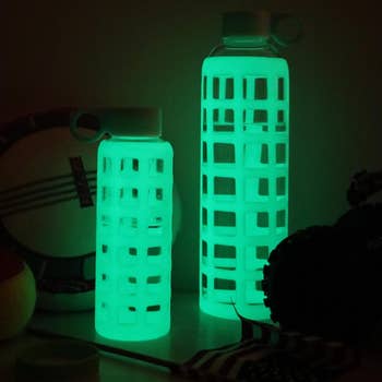 the water bottle glowing in the dark