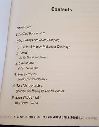 Table of contents for a publication with chapters connected wealth makeover, indebtedness myths, and redeeming fast, including
