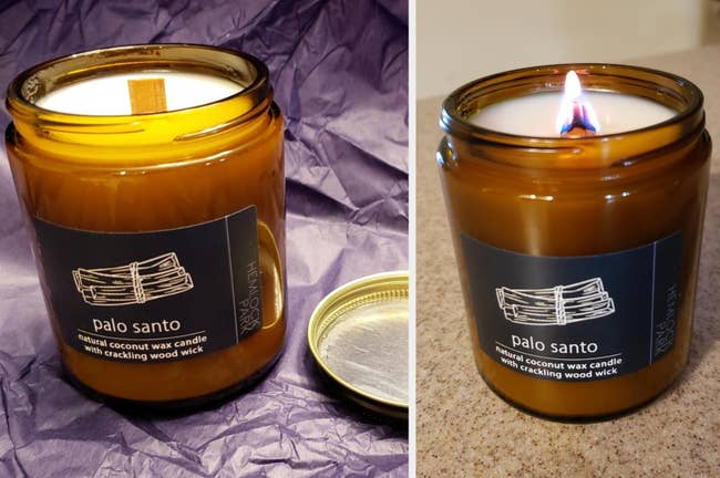 Reviewer image of amber candle with woodwick unlit and lit