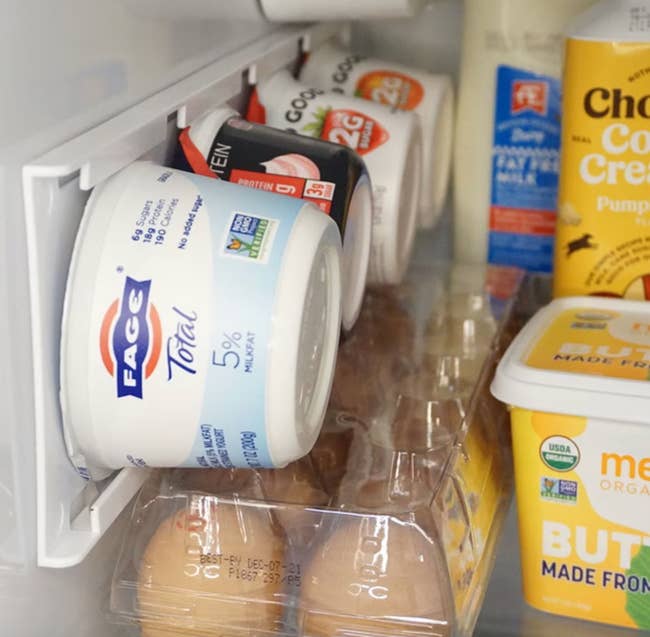 open fridge with wall mounted storage for yogurt cups