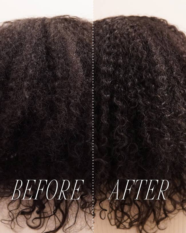 before and after images of a model with dull and frizzy coily hair that becomes smoother and shinier