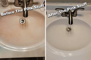 before and after of a reviewer's dirty sink and then their clean sink, from using the pink stuff paste