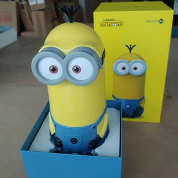 Minion-themed talker  placed successful  packaging with a matching container  featuring a Minion illustration successful  the background