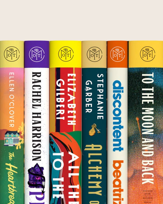 Six publication  spines from assorted  authors displayed upright. Titles see  