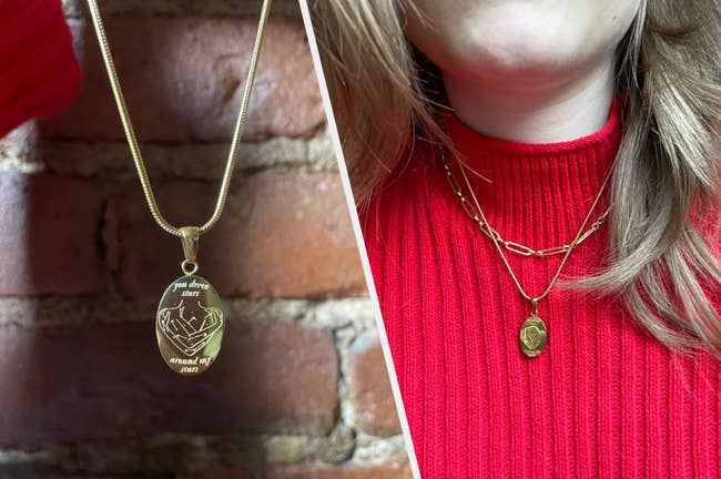 Two images of BuzzFeed writer holding and wearing the gold necklace